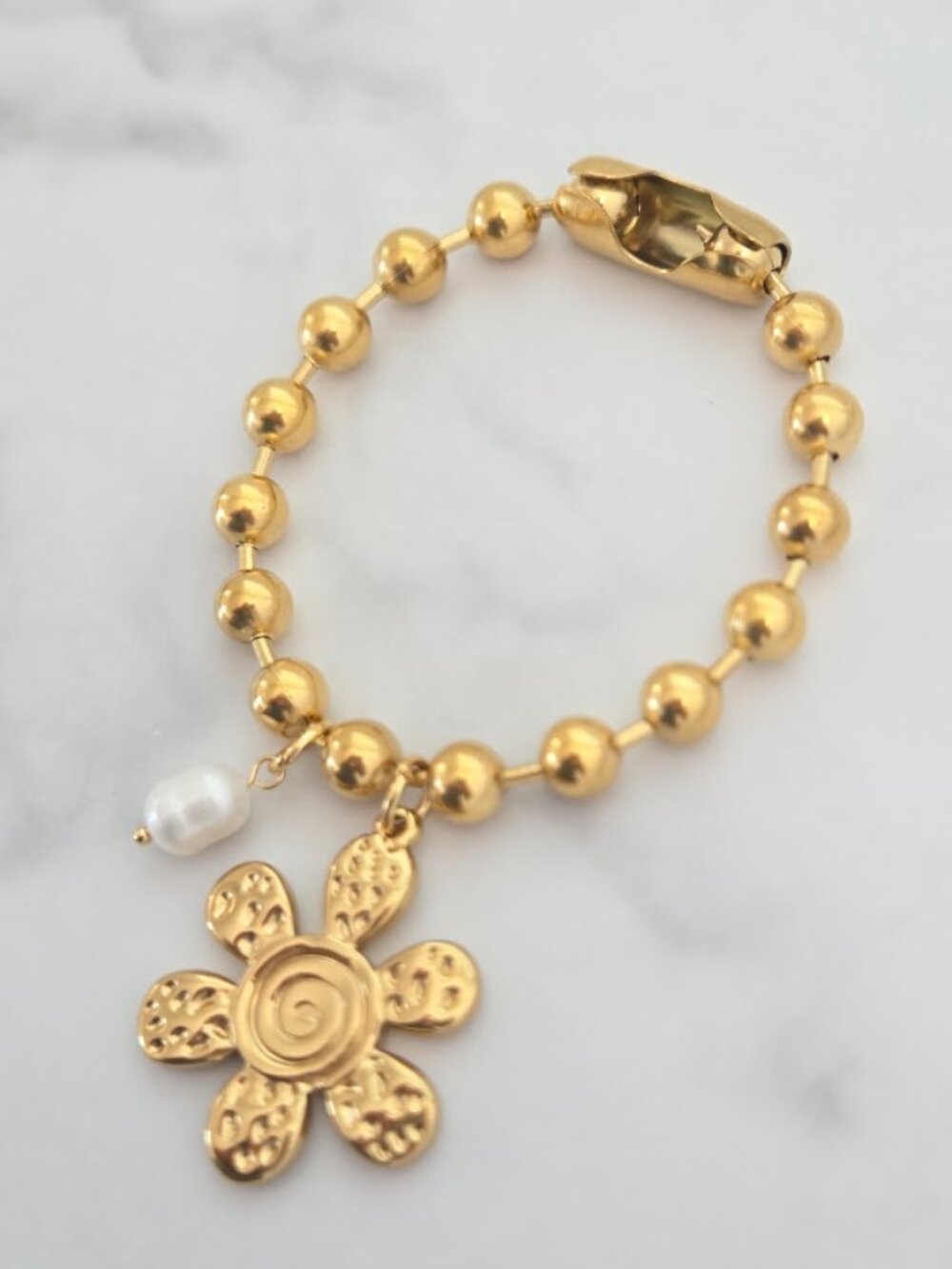 Gold Beaded Flower Charm Bracelet Floral Statement Pearl Accent Jewelry